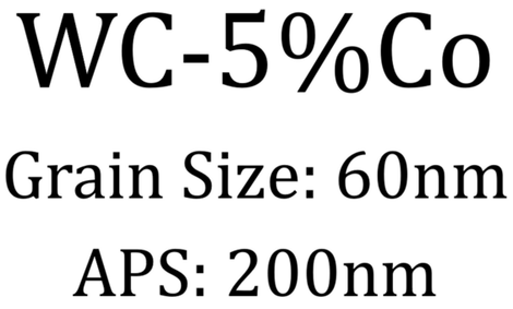 Tungsten Carbide: WC- 5%Co, Grain size: 60 nm, APS: 200 nm